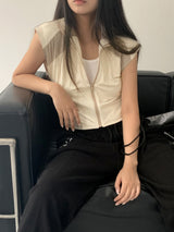 スポーツセミクロップベストジップアップ/Slon  Sporty Color Semi-Crop Short-Sleeved Vest Zip-Up