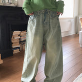 キリプサイドピンタックバルーンフィットビンテージウォッシュドワイドデニムパンツ