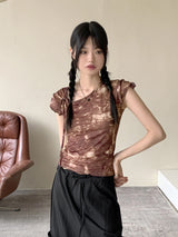 ピコットタイダイプリントリボンストリング半袖Tシャツ / Picot Tie Die Printed Ribbon String Short-Sleeved T-Shirt