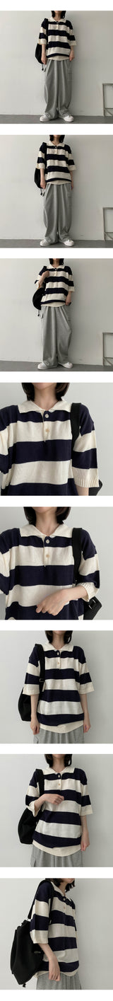 ムーンストライプボタンカラーニットウェア / Moon's Striped Button Collar Knitwear