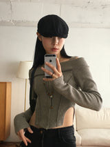 Tempt off-shoulder cut line ribbed crop zip-up