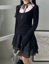 バレエコアUネックリボンチョーカースリムTシャツ / Ballet Core U-neck Ribbon Choker Slim T-shirt