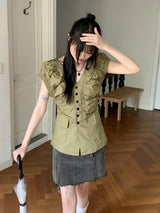 ブロングVネックシャーリングプリーツパフ半袖ブラウス