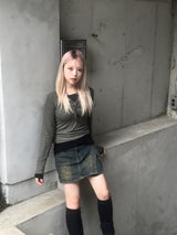 vintage layered unbalanced cargo denim pantskirt