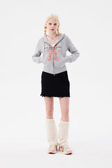 (X) WITTY BUNNY SPLIT GRAPHIC CROP HOODIE ZIP UP [MELANGE GRAY]