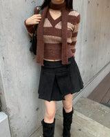 Crop stripe muffler knit set