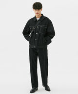 WASHING STITCH DENIM JACKET (BLACK) (6585252053110)