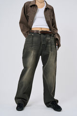 Folded pintuck wide denim pants