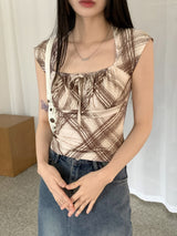 キャッチャーストリングチェッカースクエアネッククロップ半袖Tシャツ