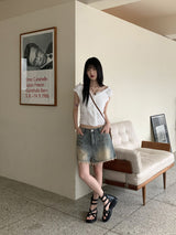 ローバエンボスパールボタン半袖ブラウス / Roba Embossed Pearl Button Short Sleeve Blouse