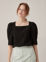 Square neck puff blouse - Black (6671615098998)