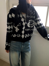 Beorose jacquard pattern hooded knit zip-up