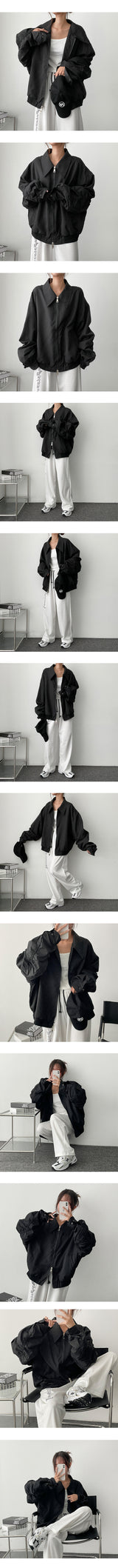 Edge Collar Shirring Two-Way Zip-Up Jumper