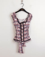 セリックヴィンテージチェックリボンキャップスリーブブラウス/Seric Vintage Check Bow Back Cap Sleeve Blouse