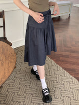 リボンひも ベルト 裏バンディング インディゴ デニム フレア ミディ スカート /Sage Ribbon String Belt Back banding Indigo Denim Flare Midi Skirt