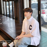 Cパッチユニセックス半袖オクスフォードシャツ / C Patch Short-Sleeved Unisex White Oxford Shirt