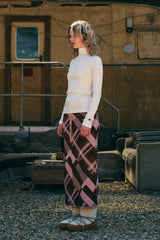CHECK PATTERN KNIT LONG SKIRT [BROWN]
