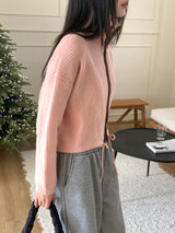 LB wool color combination ribbed string knit zip-up
