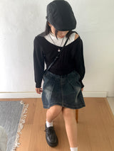 High knee ribbed V-neck semi-crop long-sleeve knit