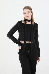 Square Neck Fur Knit T-shirt Muffler Set Black