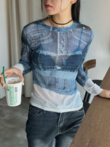 Denim see-through long sleeve top