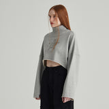 MELANGE GRAY TURTLENECK CROP SWEATSHIRT