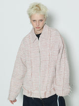Raw Cut Detail Tweed Trucker Jacket Ivory & Red