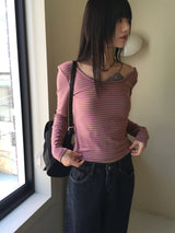 Gtel Vintage Striped Deep U-Neck Long Sleeve T-Shirt