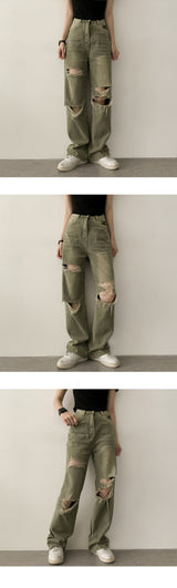 Deep washing damage color denim wide pants
