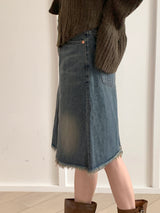 Bamit Vintage Washing Slit Midi Denim Skirt