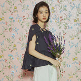 フラワー ラップ スリーブ ブラウス / [LINE] Flower Wrap Sleeve Blouse (Navy)