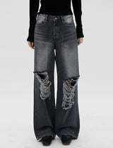 グランジワイドパンツ/no.1859 Grunge Black Blue Wide Pants