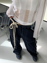 デューパーステッチカラーマッチングロープベルトロングワイドデニムパンツ / Duper stitch color matching rope belt long wide denim pants