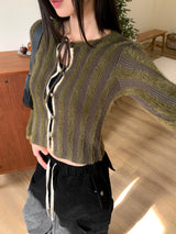 Chinco Green Striped Strap Crop Long Sleeve Cardigan