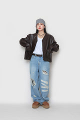 クロップレザーカーディガン / Crop leather cardigan