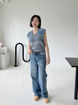 カラーマッチングカットブラッシュデニムパンツ/no.1792 color matching cat brush denim pants