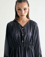 V-NECK CREASE SHIRRING ONEPIECE - DARK GRAY (6635995660406)