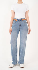 レザーベルトポイントストレートフィットデニムパンツ/BILLLIE SUHYEON LEATHER BELT POINT STAIGHT FIT LIGHT BLUE DENIM [16629]