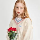 Logo embroidery v-neck Knit [Ivory] (6610306924662)