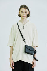 スクエアチェスト ジッパーアップ ポロニットTシャツ / square chest zipper-up polo knit t-shirt cream