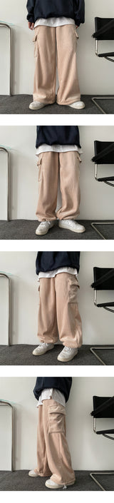 Lintbelo A Fleece-Lined Wool Lining String Ribbed Cargo Wide Pants