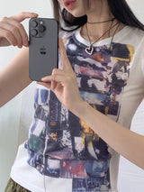 印刷スリーブレス /Otical Funky Double-Sided Printing Cap Sleeveless Cropped Sleeveless Short-Sleeved T-Shirt