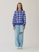 (KT-22133)CHECKER BOARD KNIT PUPPLE (6672345432182)