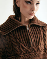 UNISEX MERINO WOOL CABLE KNIT ZIPUP W - MOCHA (6636048613494)