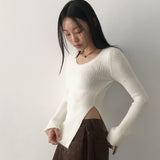 Laffen angora side diagonal slit damage long sleeve knit