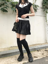 romantic lovely ribbon choker frill ribbed T-shirt