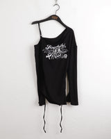 ポッピングアンカットオフショルダーストラップバックスリット長袖Tシャツ