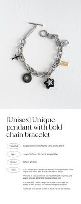 ユニークペンダントウィズボールドチェーンブレスレット/[Unisex] Unique pendant with bold chain bracelet