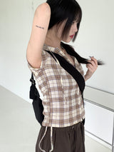 テユストリングシャーリングリネンチェックフードシャツカミス / Teyu String Shirring Linen Check Hooded Shirt Camis