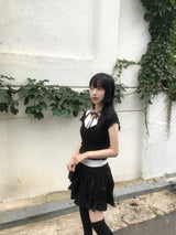 romantic lovely ribbon choker frill ribbed T-shirt